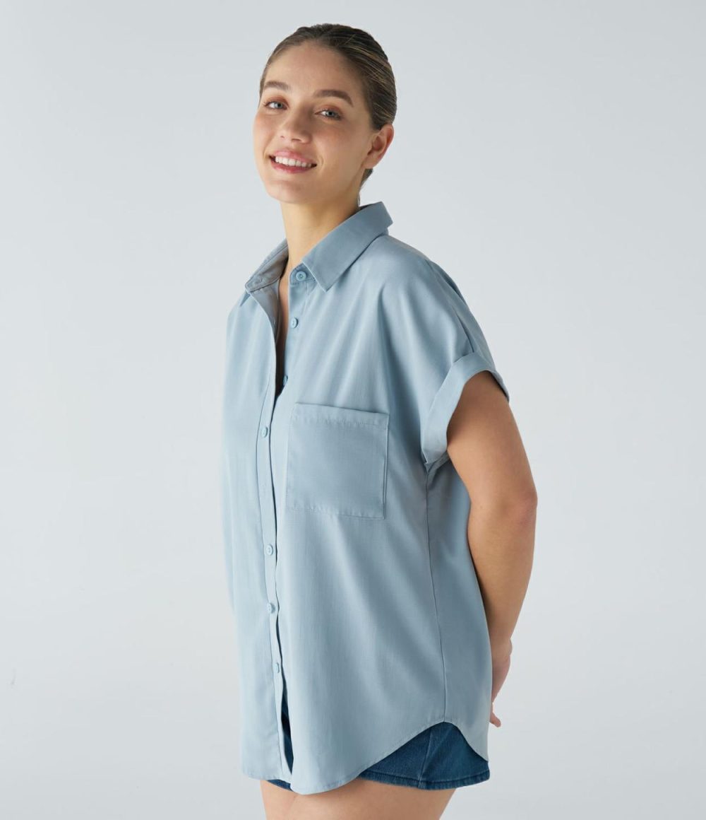 Collared Button Chest Pocket Curved Hem Casual Blouse  | Womens  T-Shirts Clothing Powder Blue/Black