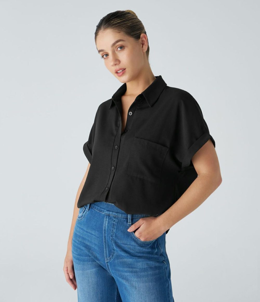 Collared Button Chest Pocket Curved Hem Casual Blouse  | Womens  T-Shirts Clothing Powder Blue/Black