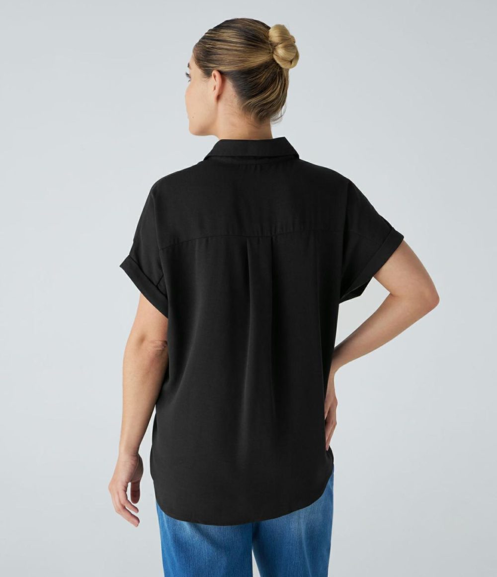 Collared Button Chest Pocket Curved Hem Casual Blouse  | Womens  T-Shirts Clothing Powder Blue/Black