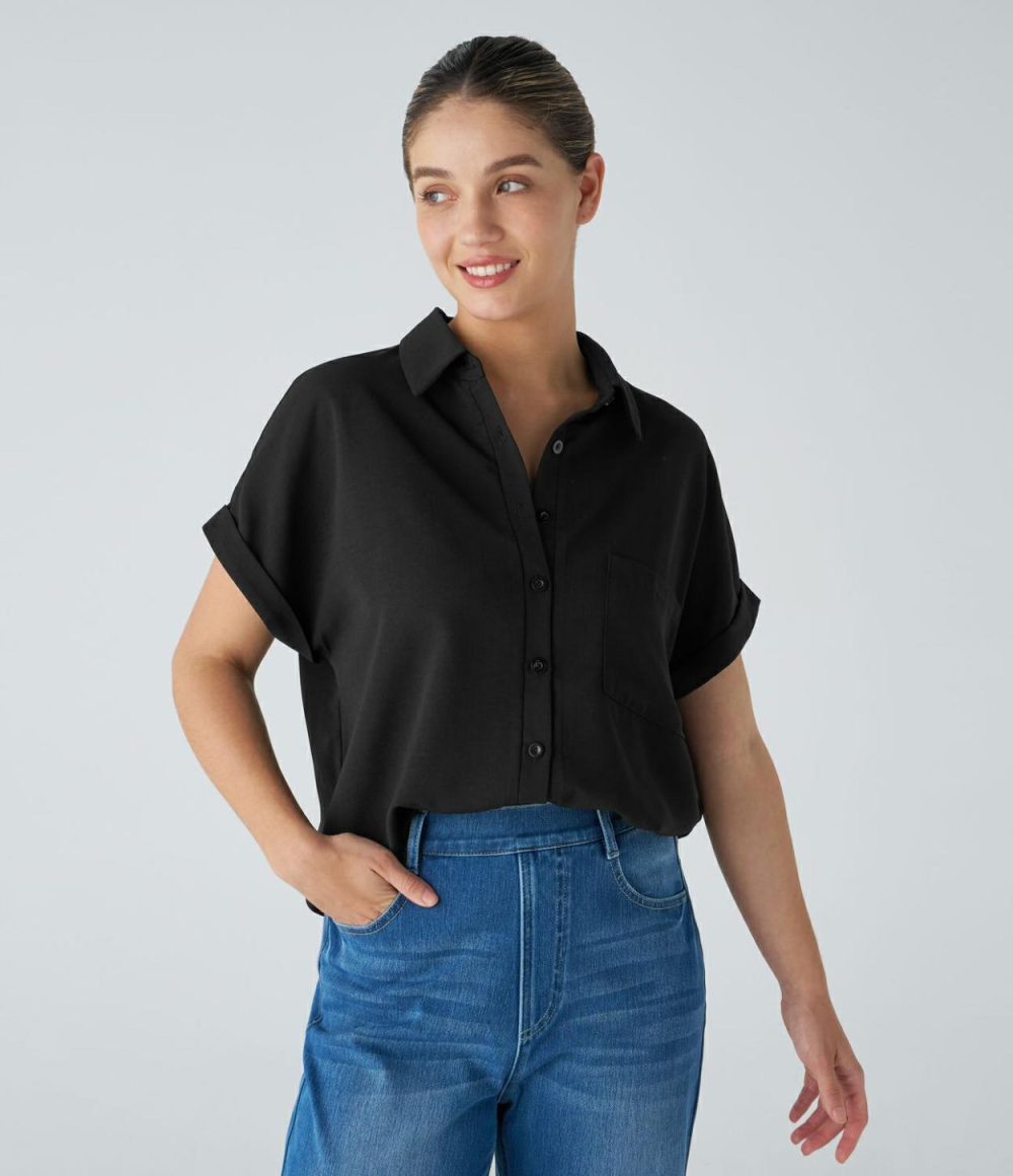 Collared Button Chest Pocket Curved Hem Casual Blouse  | Womens  T-Shirts Clothing Powder Blue/Black