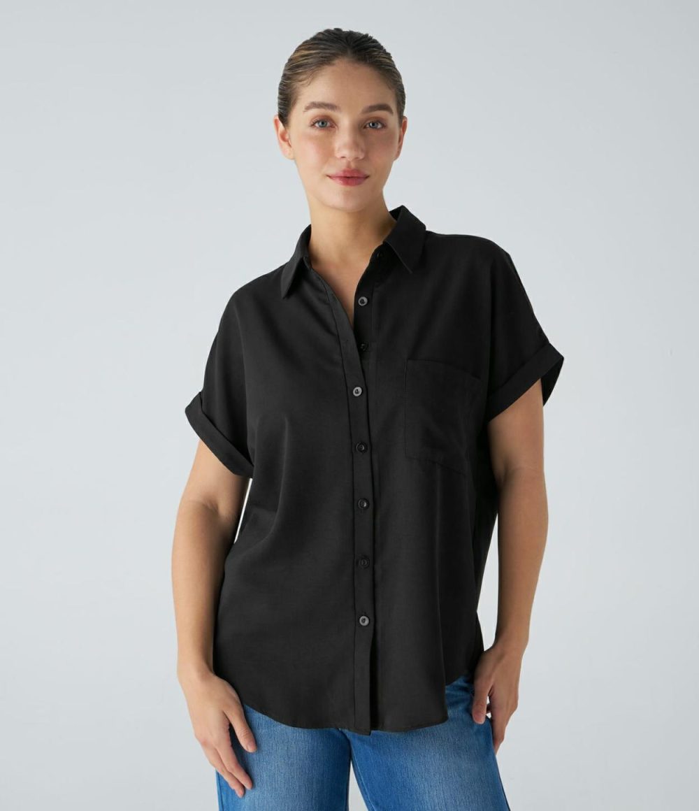 Collared Button Chest Pocket Curved Hem Casual Blouse  | Womens  T-Shirts Clothing Powder Blue/Black