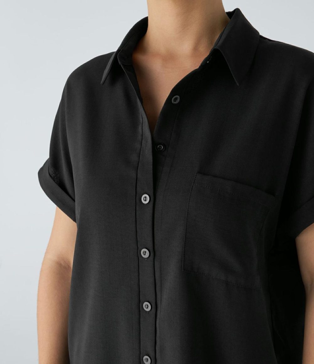 Collared Button Chest Pocket Curved Hem Casual Blouse  | Womens  T-Shirts Clothing Powder Blue/Black