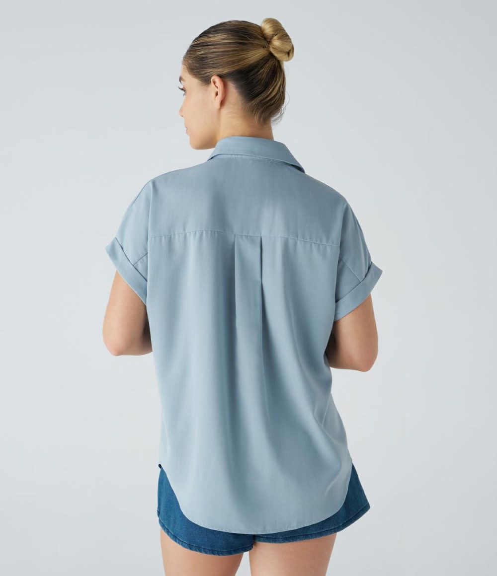 Collared Button Chest Pocket Curved Hem Casual Blouse  | Womens  T-Shirts Clothing Powder Blue/Black