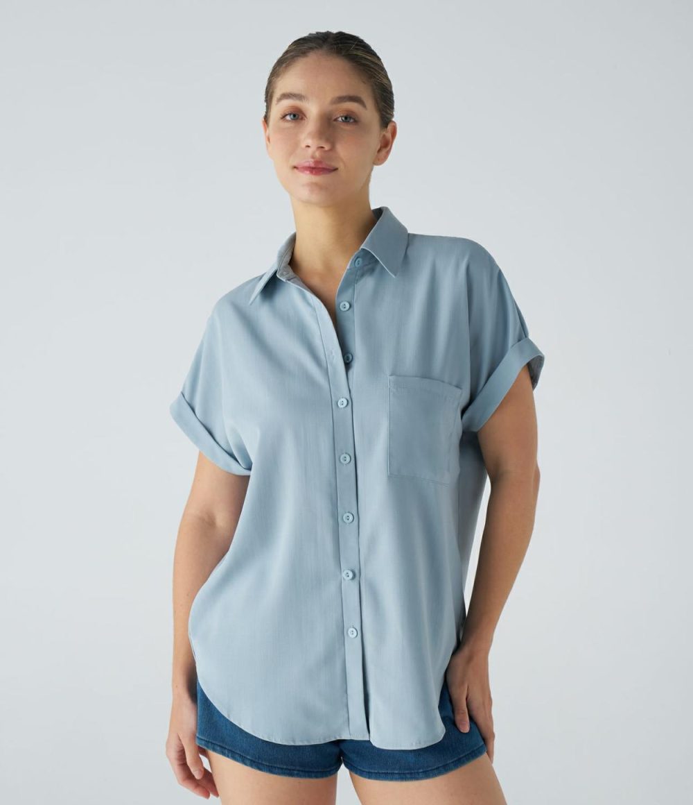 Collared Button Chest Pocket Curved Hem Casual Blouse  | Womens  T-Shirts Clothing Powder Blue/Black