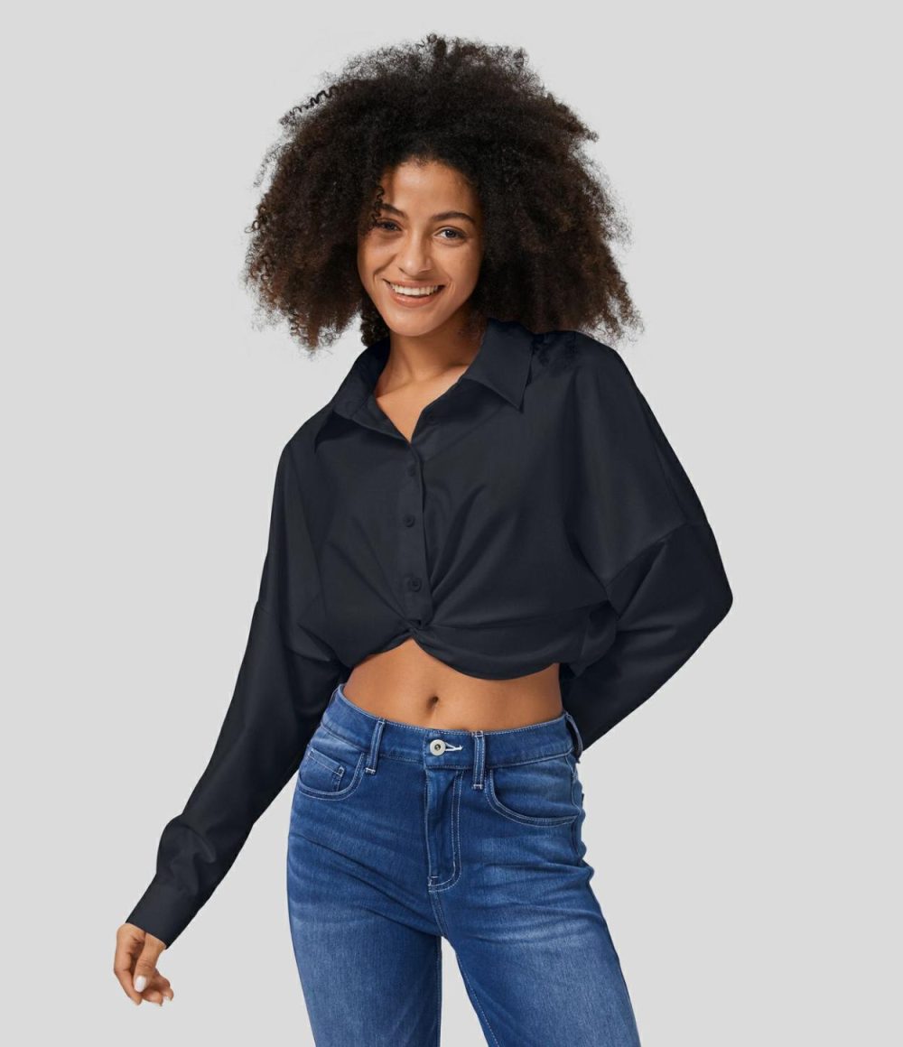 Collared Button Long Sleeve Twisted Cropped Casual Shirt  | Womens  Long Sleeve Tops Clothing Long Sleeve Tops