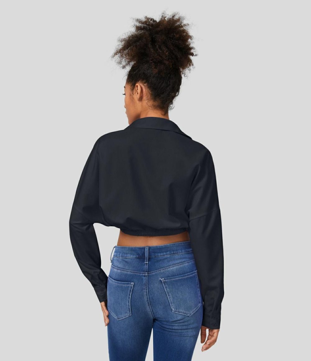 Collared Button Long Sleeve Twisted Cropped Casual Shirt  | Womens  Long Sleeve Tops Clothing Long Sleeve Tops