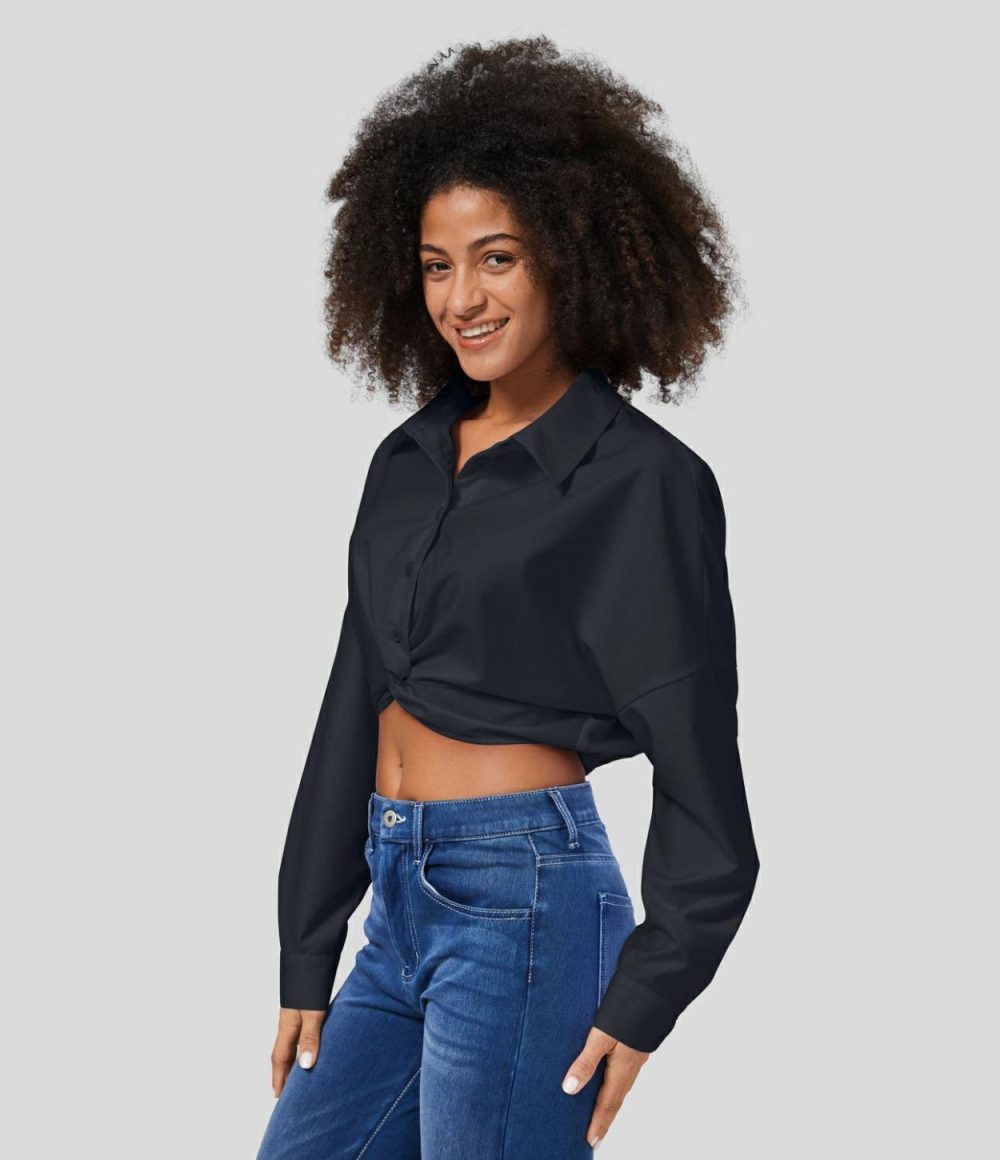 Collared Button Long Sleeve Twisted Cropped Casual Shirt  | Womens  Long Sleeve Tops Clothing Long Sleeve Tops