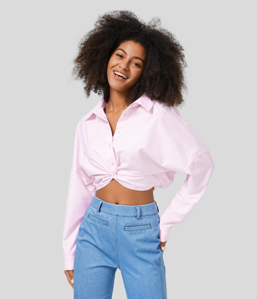 Collared Button Long Sleeve Twisted Cropped Casual Shirt  | Womens  Long Sleeve Tops Clothing Long Sleeve Tops