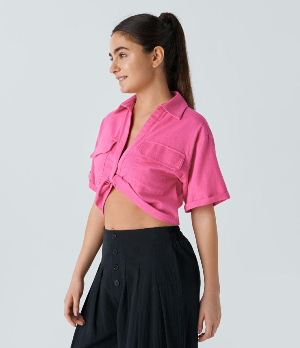 Collared Flap Pocket Twisted Linen-Blend Casual Blouse  | Womens  T-Shirts Clothing Black/Shocking Pink