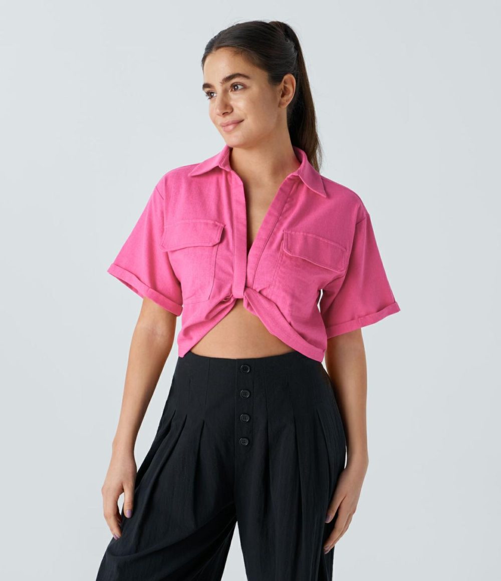 Collared Flap Pocket Twisted Linen-Blend Casual Blouse  | Womens  T-Shirts Clothing Black/Shocking Pink