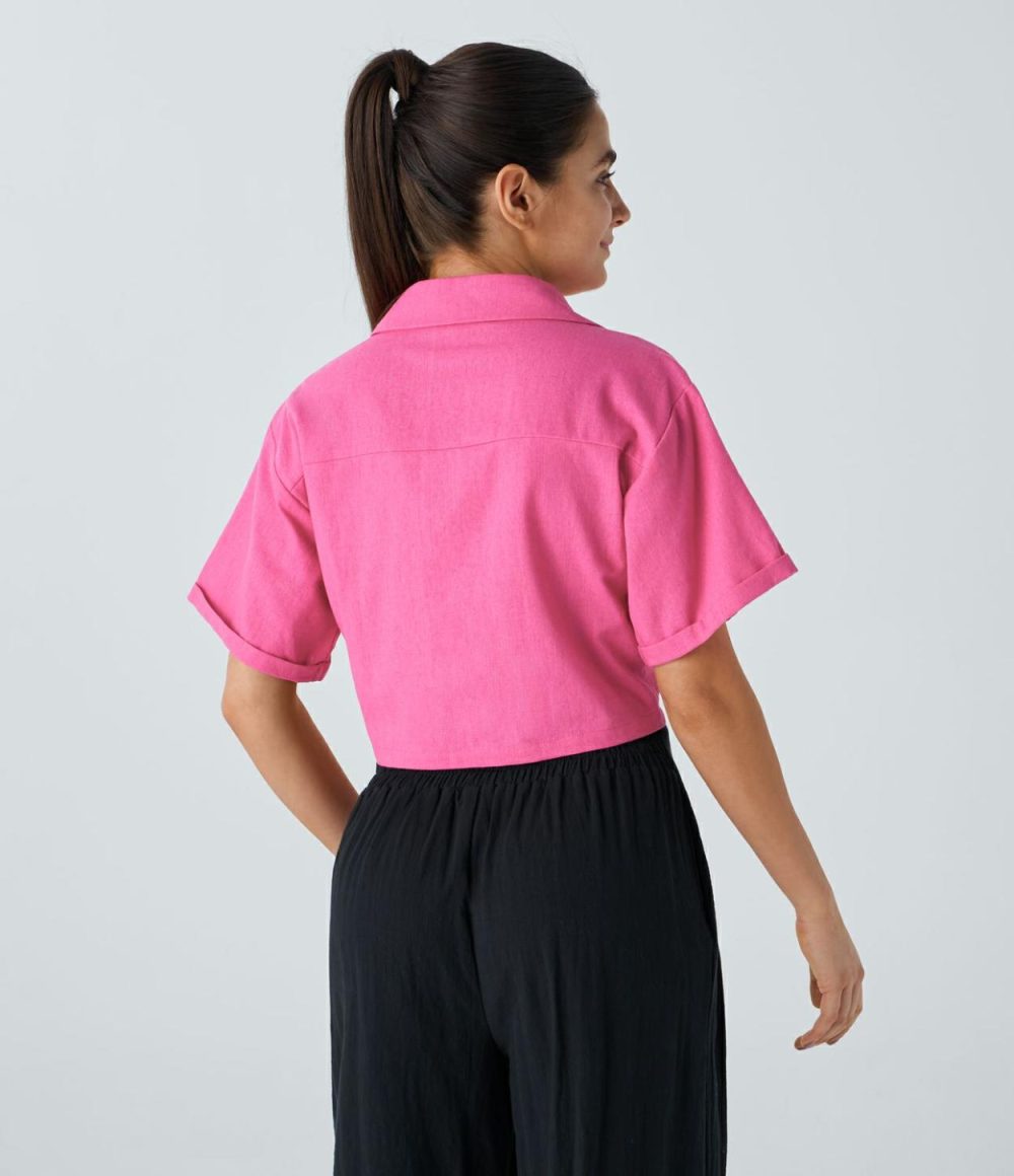 Collared Flap Pocket Twisted Linen-Blend Casual Blouse  | Womens  T-Shirts Clothing Black/Shocking Pink