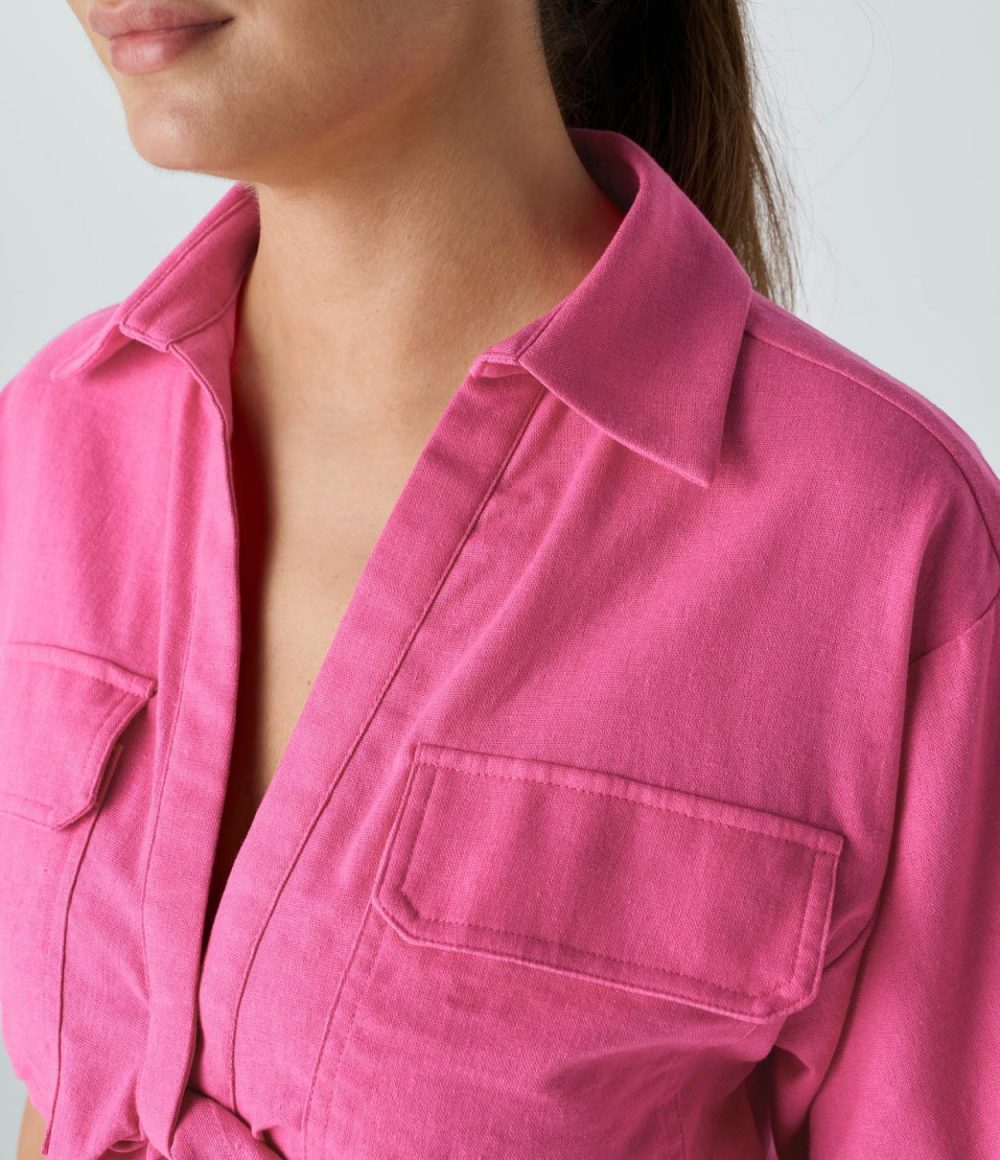 Collared Flap Pocket Twisted Linen-Blend Casual Blouse  | Womens  T-Shirts Clothing Black/Shocking Pink