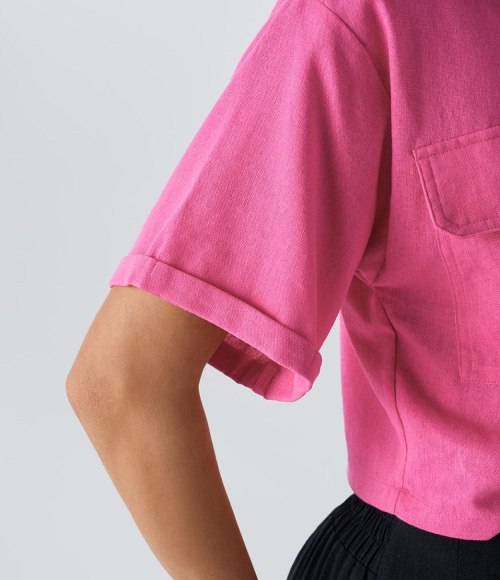 Collared Flap Pocket Twisted Linen-Blend Casual Blouse  | Womens  T-Shirts Clothing Black/Shocking Pink