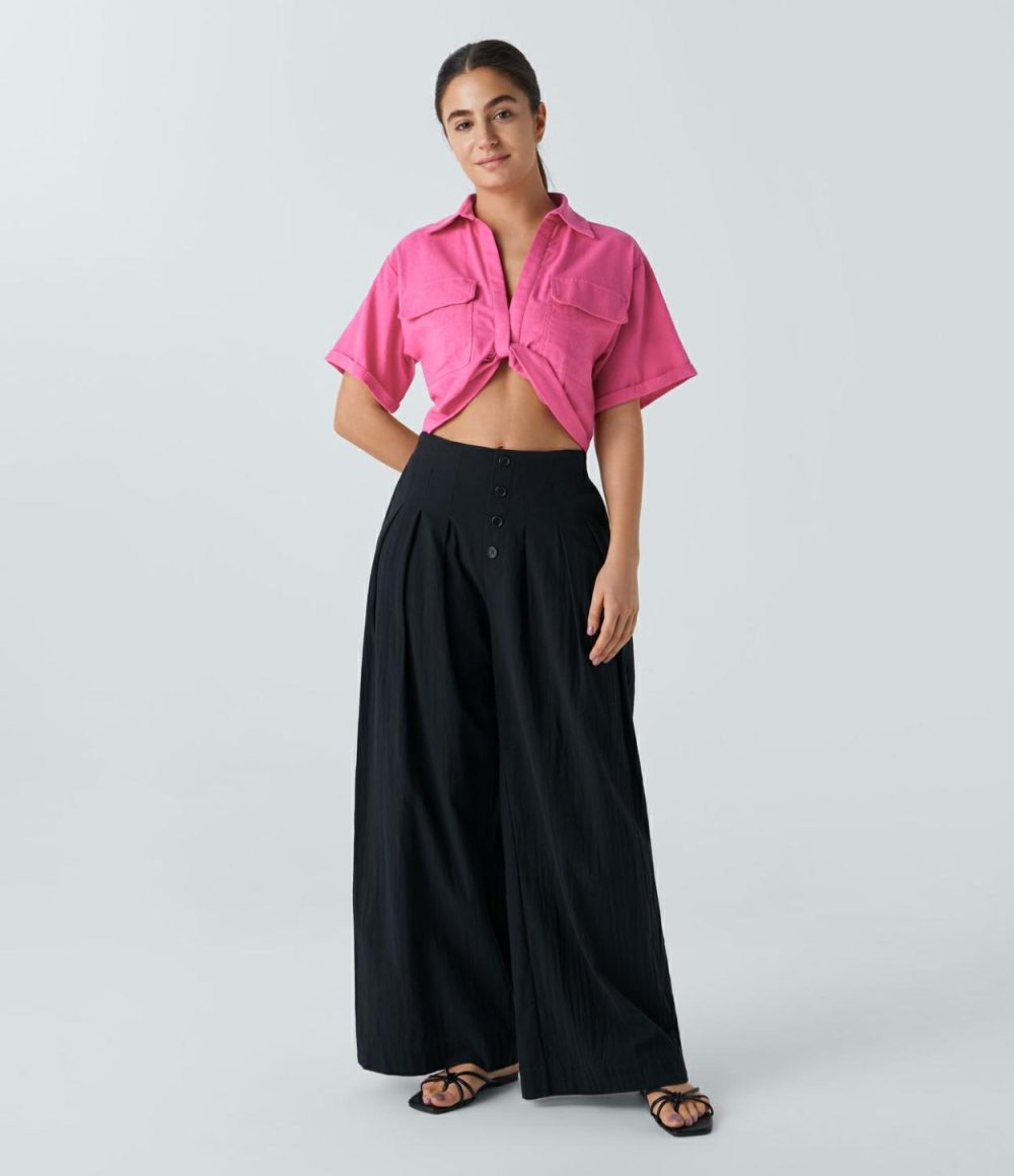 Collared Flap Pocket Twisted Linen-Blend Casual Blouse  | Womens  T-Shirts Clothing Black/Shocking Pink