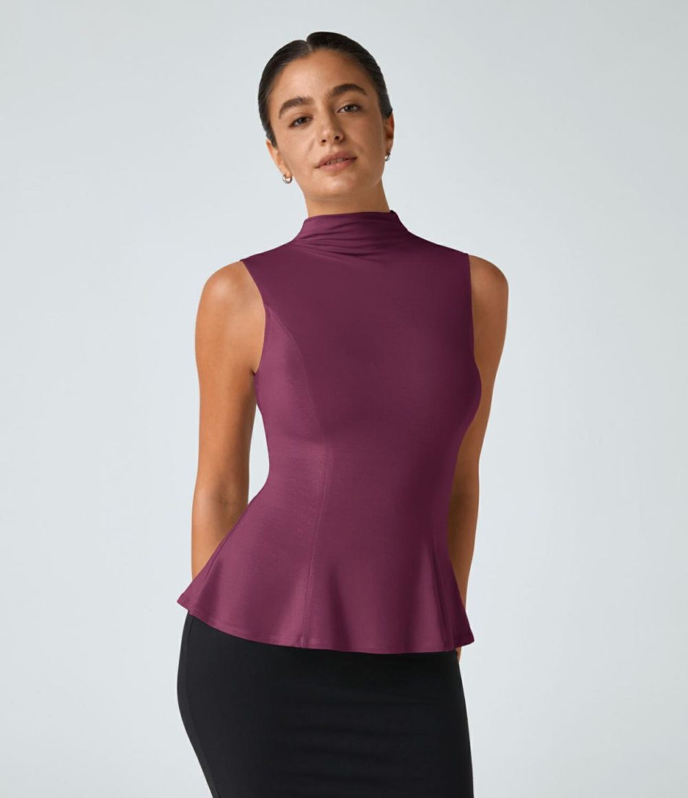 Funnel Neck Peplum Casual Tank Top  | Womens  T-Shirts Clothing Black/Red Violet/White/Camellia Brown/Greenish Grey