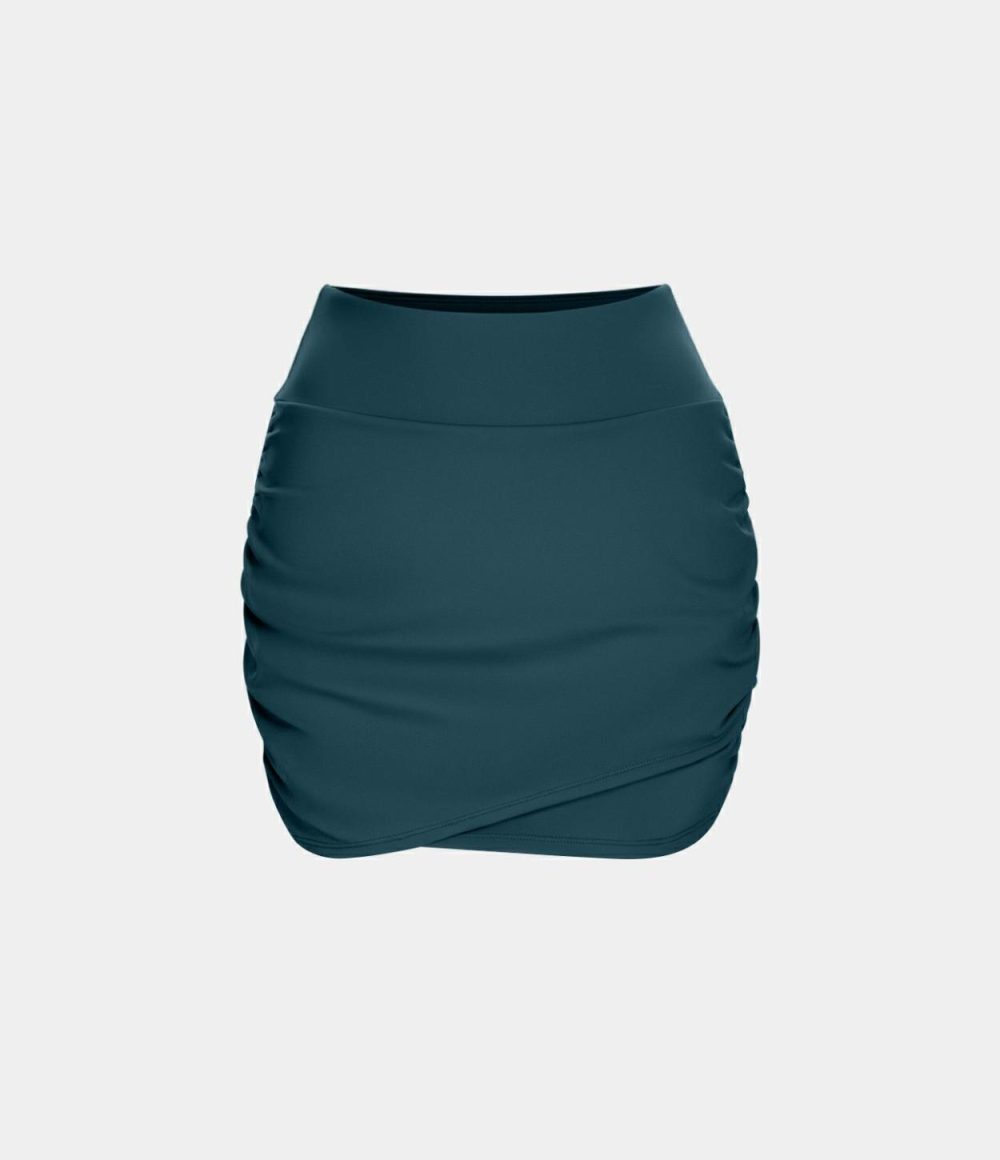 High Waisted Bodycon Side Pocket 2-in-1 Mini Ruched Casual Skirt  | Womens  Mini Skirts Clothing Majolica Blue/Mood Indigo/Winterberry/Withered Green/Fig/White/Dusty Orange/Dewberry/Light Grey Blue/Pink Purple