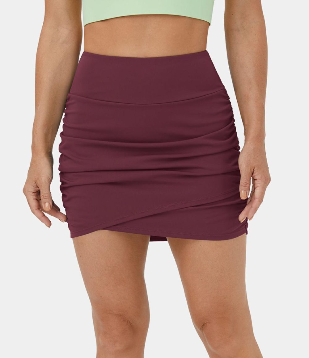 High Waisted Bodycon Side Pocket 2-in-1 Mini Ruched Casual Skirt  | Womens  Mini Skirts Clothing Majolica Blue/Mood Indigo/Winterberry/Withered Green/Fig/White/Dusty Orange/Dewberry/Light Grey Blue/Pink Purple