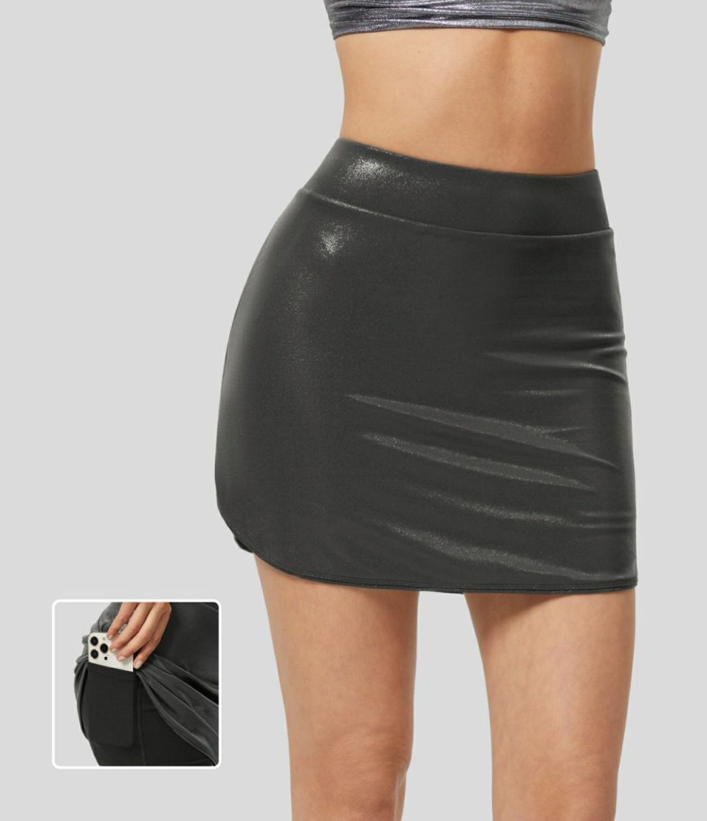 Softlyzero™ Faux Leather High Waisted 2-in-1 Side Pocket Curved Hem Metallic Foil Print Stretchy Bodycon Mini Party Skirt  | Womens  Mini Skirts Clothing Mini Skirts