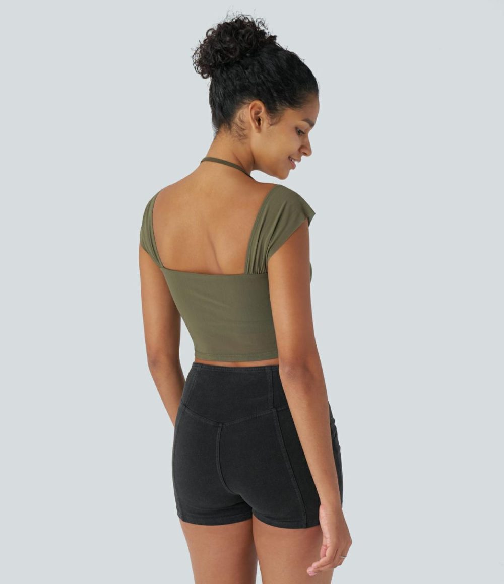 Softlyzero™ Square Neck Halter Backless Contrast Mesh Cropped Casual Tank Top-UPF50+  | Womens  Cropped Tops Clothing Cropped Tops