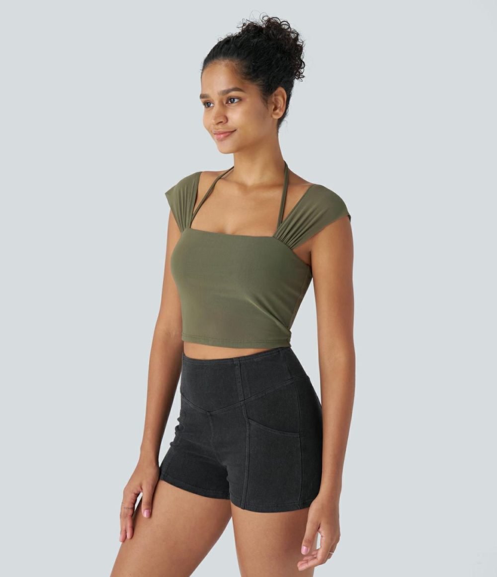 Softlyzero™ Square Neck Halter Backless Contrast Mesh Cropped Casual Tank Top-UPF50+  | Womens  Cropped Tops Clothing Cropped Tops