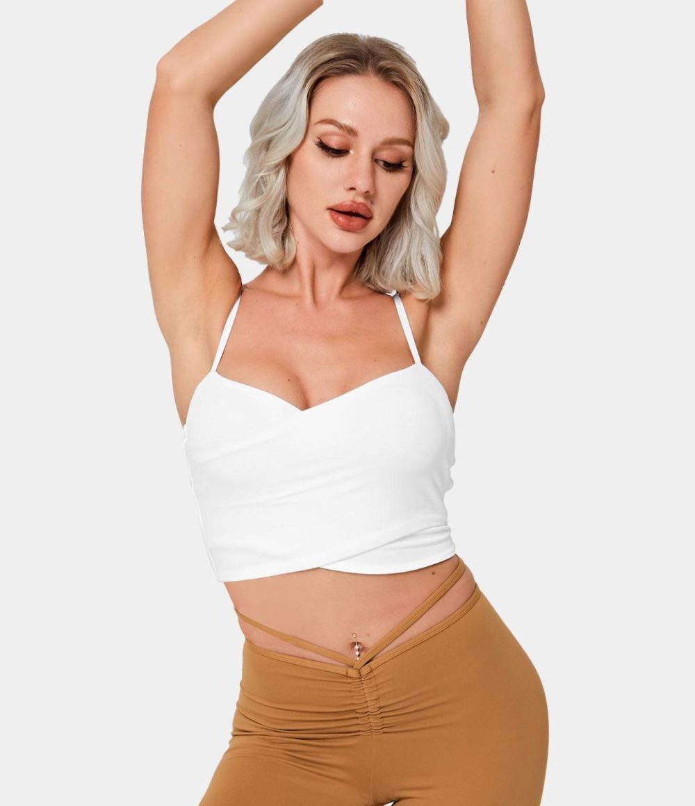 Spaghetti Strap Crossover Plain Cropped Tank Top  | Womens  Cropped Tops Clothing Cropped Tops