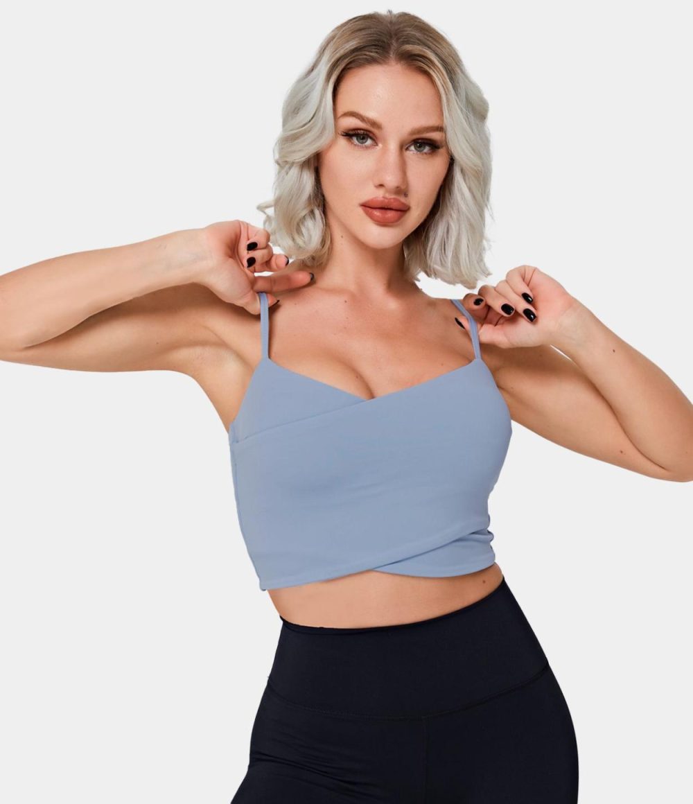 Spaghetti Strap Crossover Plain Cropped Tank Top  | Womens  Cropped Tops Clothing Cropped Tops