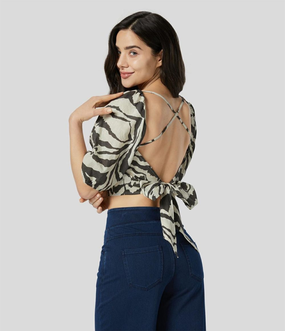 Square Neck Puff Sleeve Backless Tie Back Zebra Stripe Print Cropped Casual Cotton Blouse  | Womens  Cropped Tops Clothing Cropped Tops