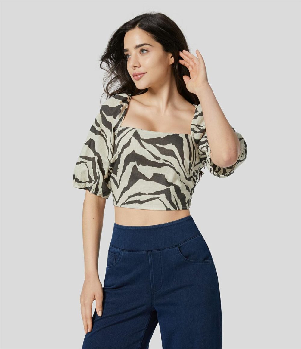 Square Neck Puff Sleeve Backless Tie Back Zebra Stripe Print Cropped Casual Cotton Blouse  | Womens  Cropped Tops Clothing Cropped Tops