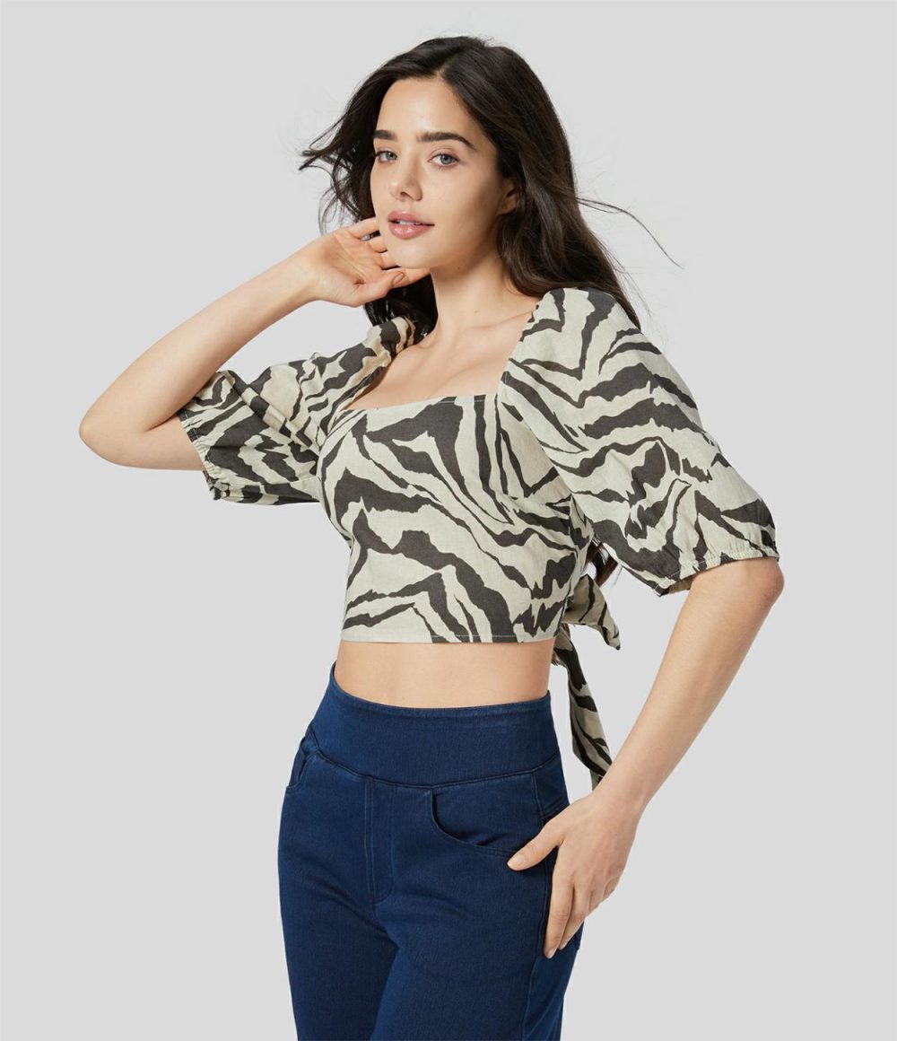 Square Neck Puff Sleeve Backless Tie Back Zebra Stripe Print Cropped Casual Cotton Blouse  | Womens  Cropped Tops Clothing Cropped Tops