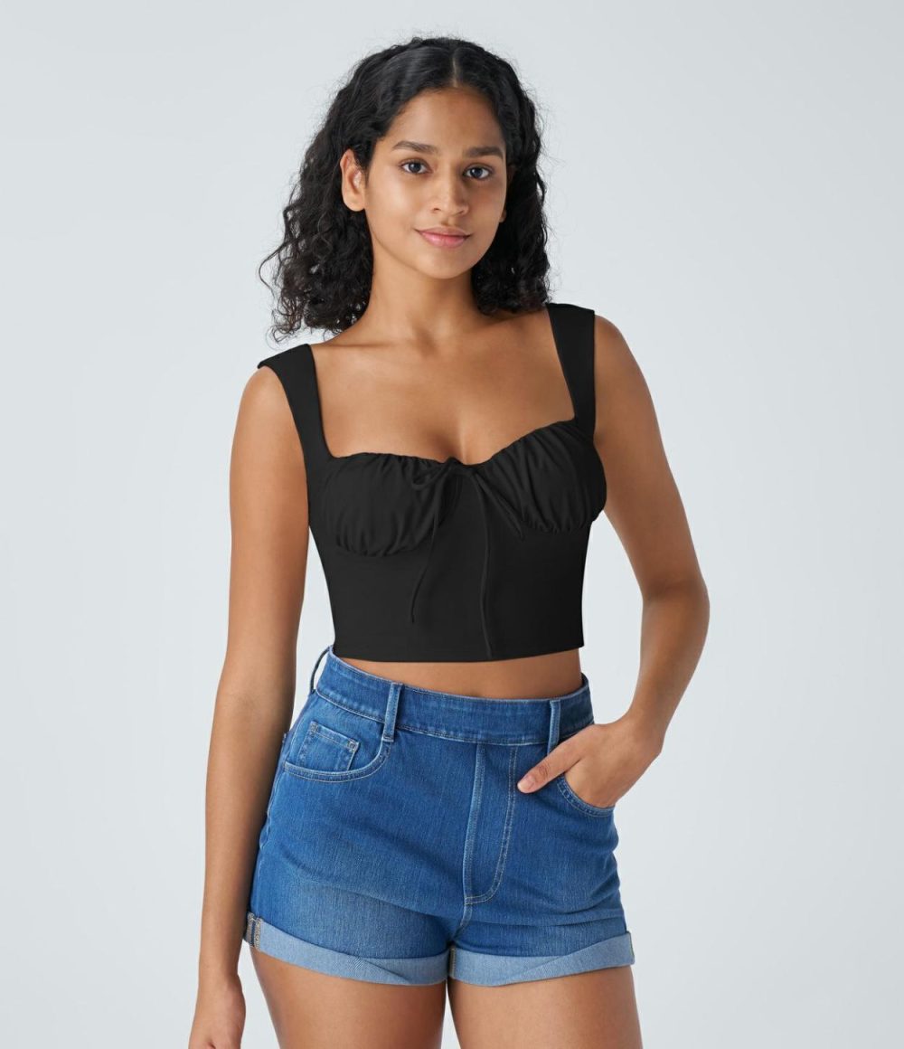 Sweetheart Neck Ruched Tie Front Cropped Resort Cami Top  | Womens  Cropped Tops Clothing Black/Nosegay