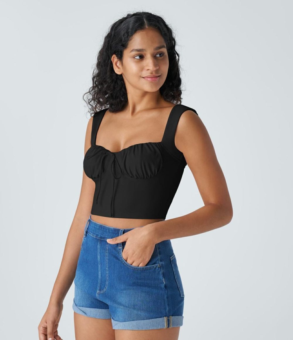 Sweetheart Neck Ruched Tie Front Cropped Resort Cami Top  | Womens  Cropped Tops Clothing Black/Nosegay