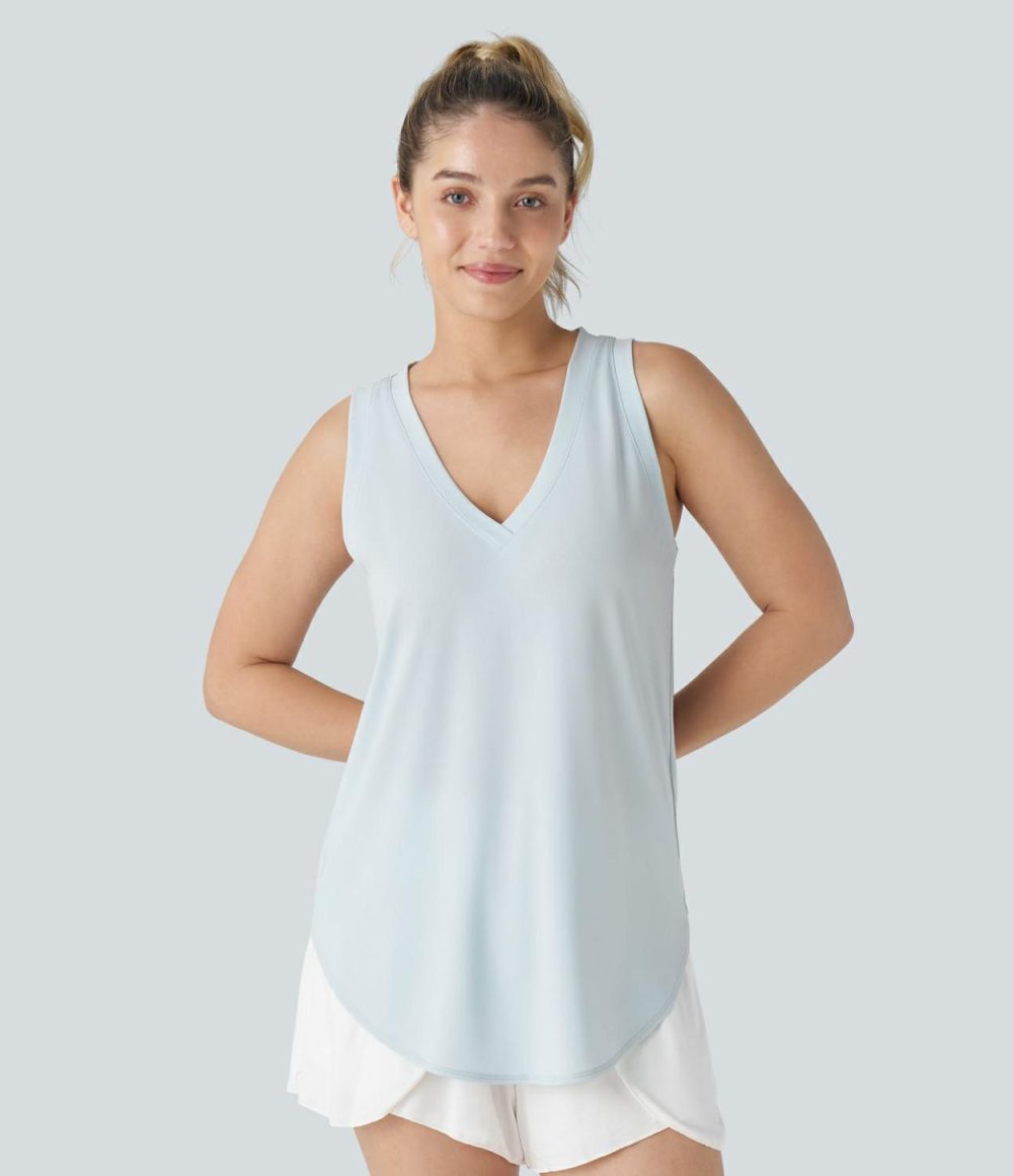 V Neck Curved Hem Resort Tank Top  | Womens  T-Shirts Clothing Frosty Sky Blue/Black