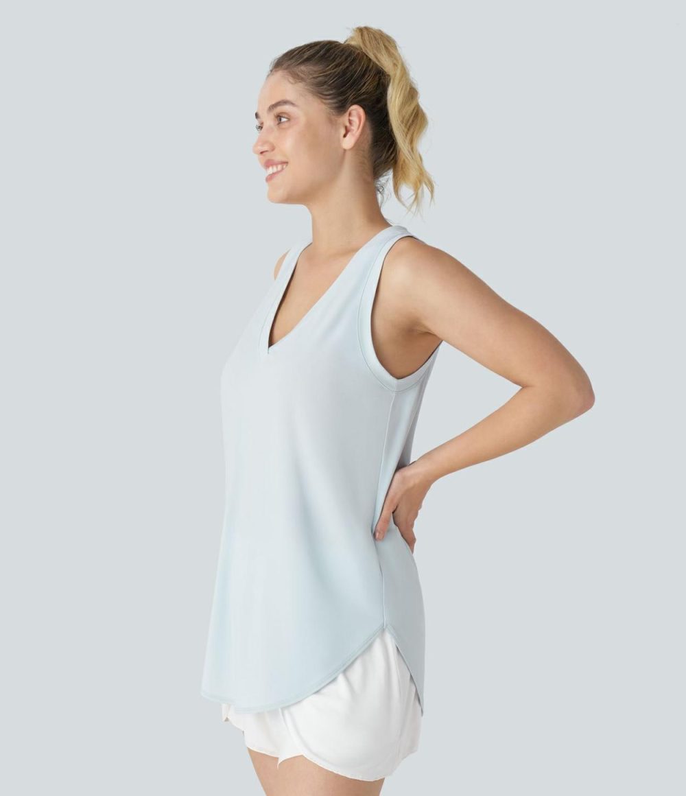 V Neck Curved Hem Resort Tank Top  | Womens  T-Shirts Clothing Frosty Sky Blue/Black