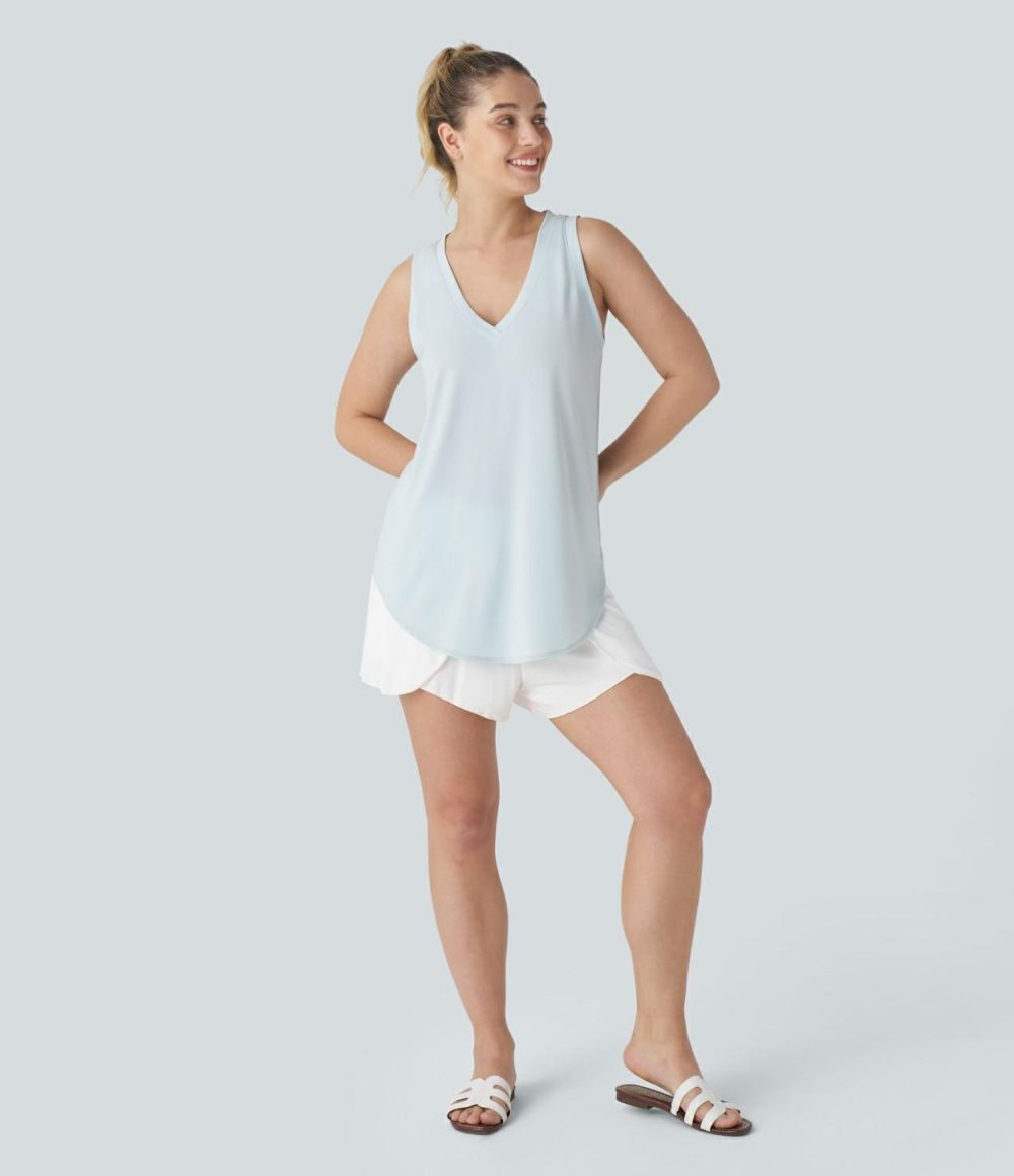 V Neck Curved Hem Resort Tank Top  | Womens  T-Shirts Clothing Frosty Sky Blue/Black