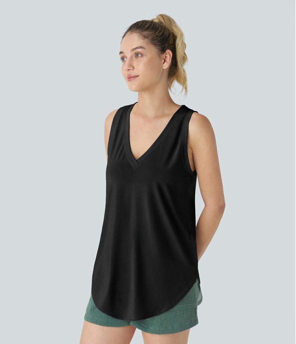 V Neck Curved Hem Resort Tank Top  | Womens  T-Shirts Clothing Frosty Sky Blue/Black