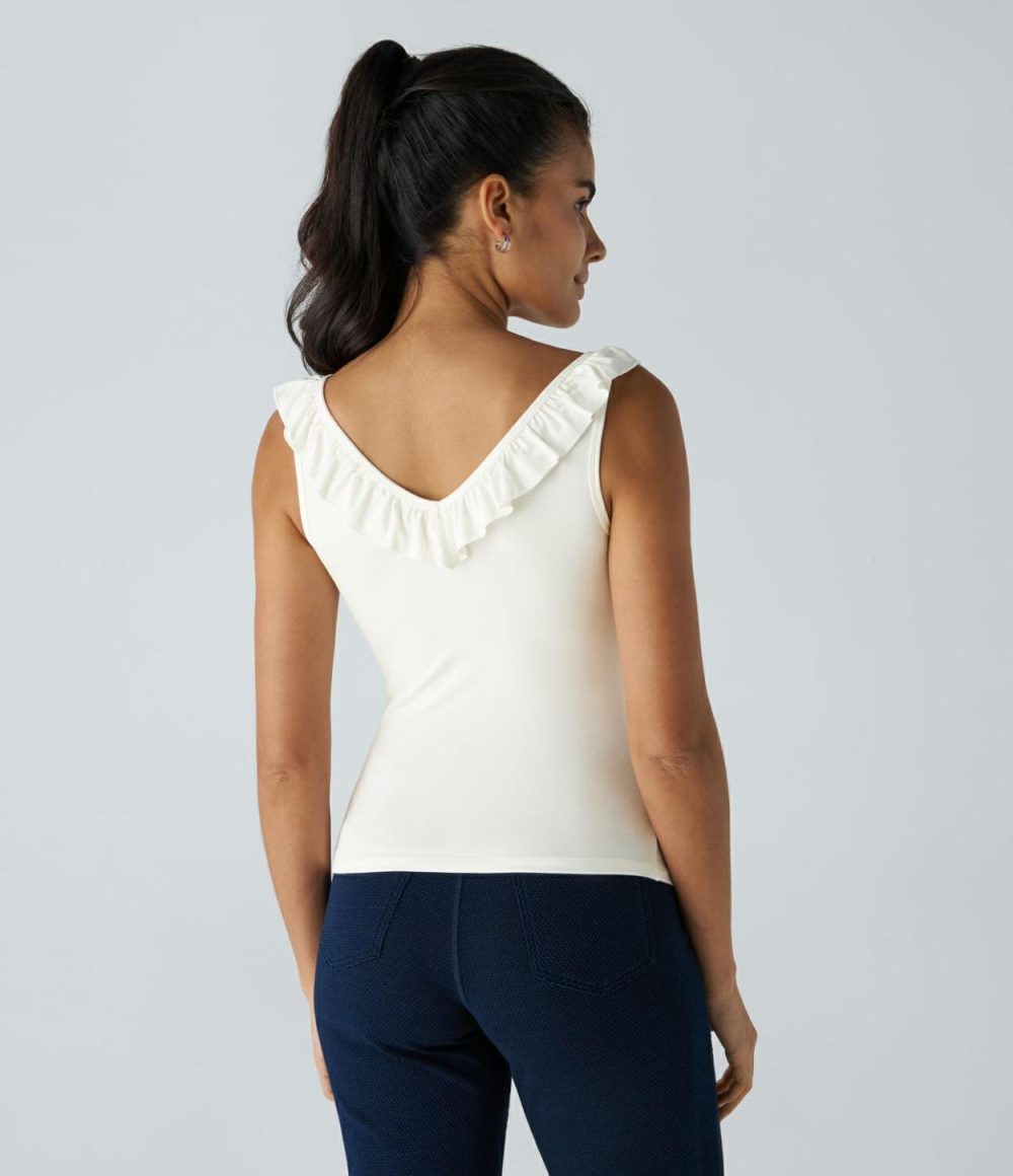 V Neck Ruffle Trim Slim Work Tank Top  | Womens  T-Shirts Clothing T-Shirts