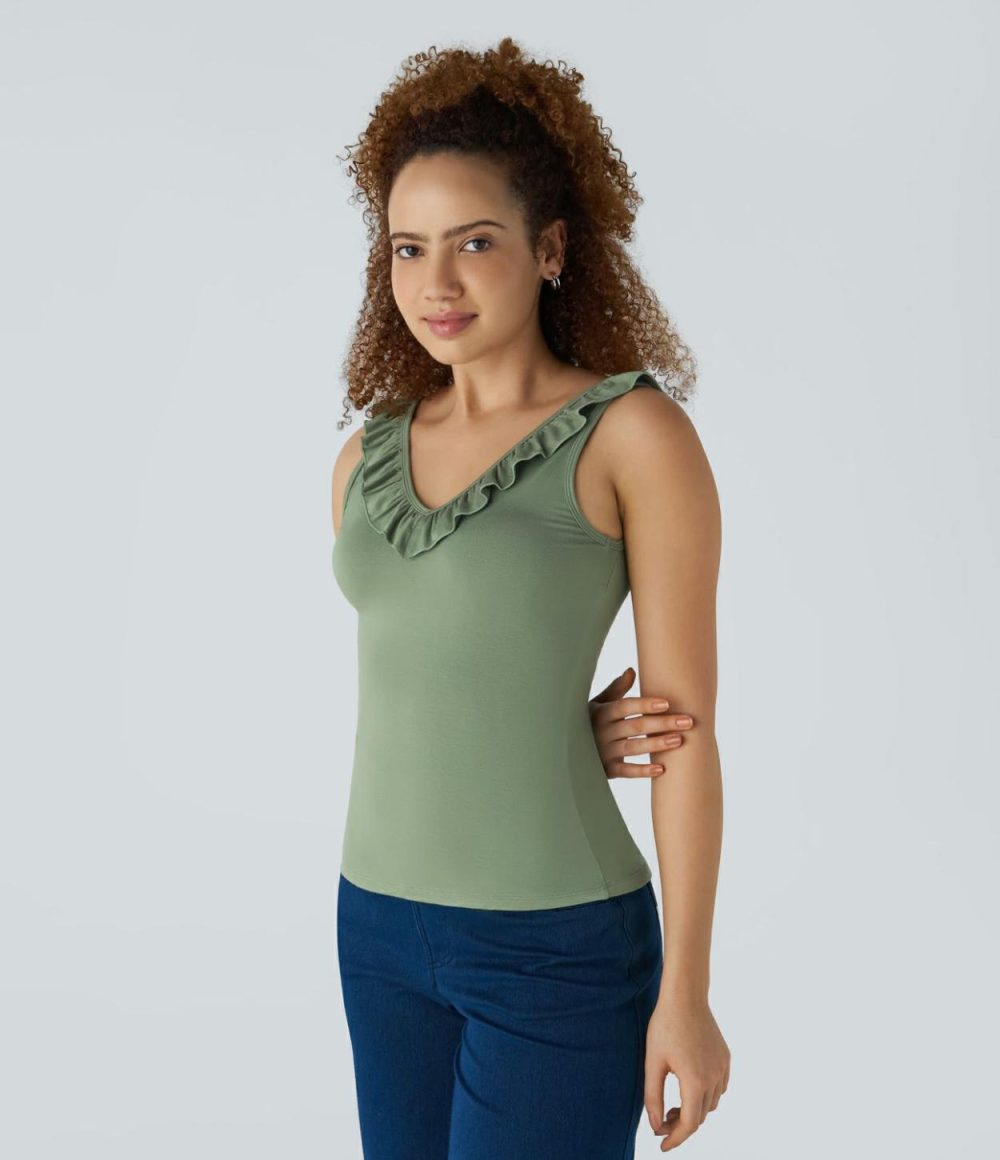 V Neck Ruffle Trim Slim Work Tank Top  | Womens  T-Shirts Clothing T-Shirts