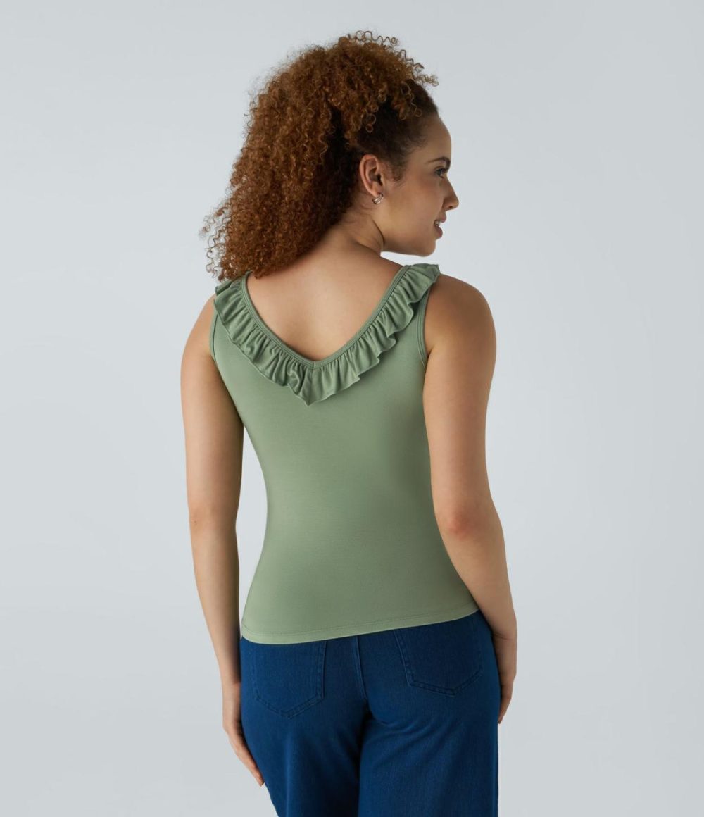 V Neck Ruffle Trim Slim Work Tank Top  | Womens  T-Shirts Clothing T-Shirts