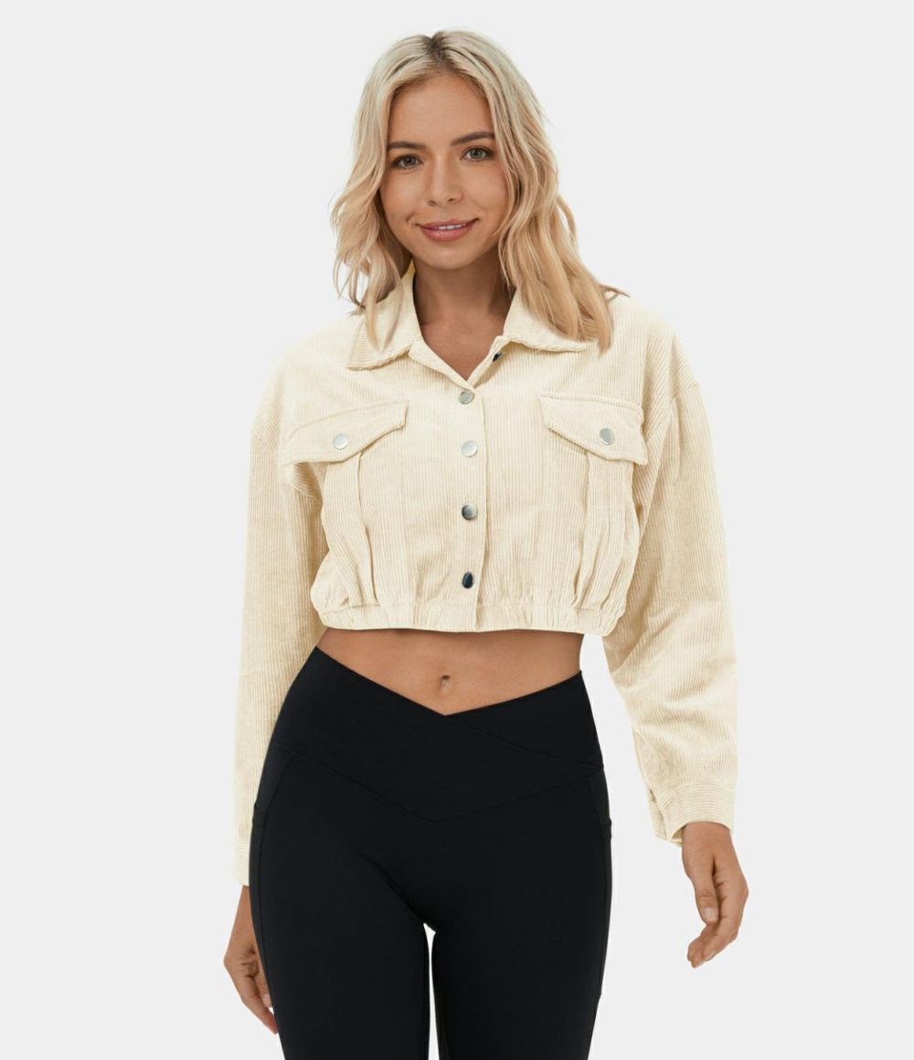 Collared Button Pocket Cropped Corduroy Casual Jacket  | Womens  Long Sleeve Tops Clothing Long Sleeve Tops