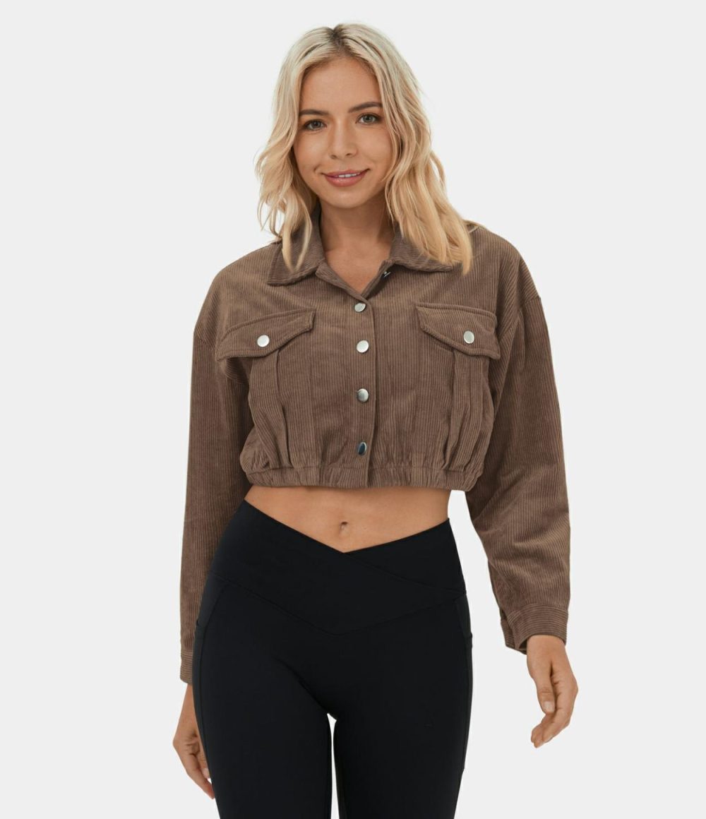 Collared Button Pocket Cropped Corduroy Casual Jacket  | Womens  Long Sleeve Tops Clothing Long Sleeve Tops