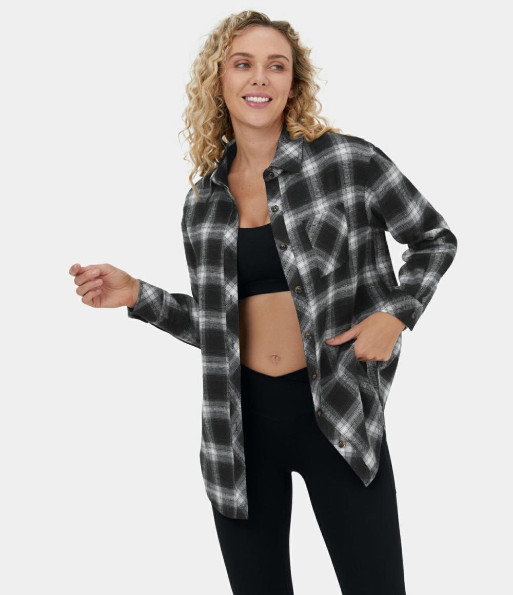 Collared Button Pocket Curved Hem Plaid Casual Cotton Jacket  | Womens  Long Sleeve Tops Clothing Black Grey Gradient Plaid