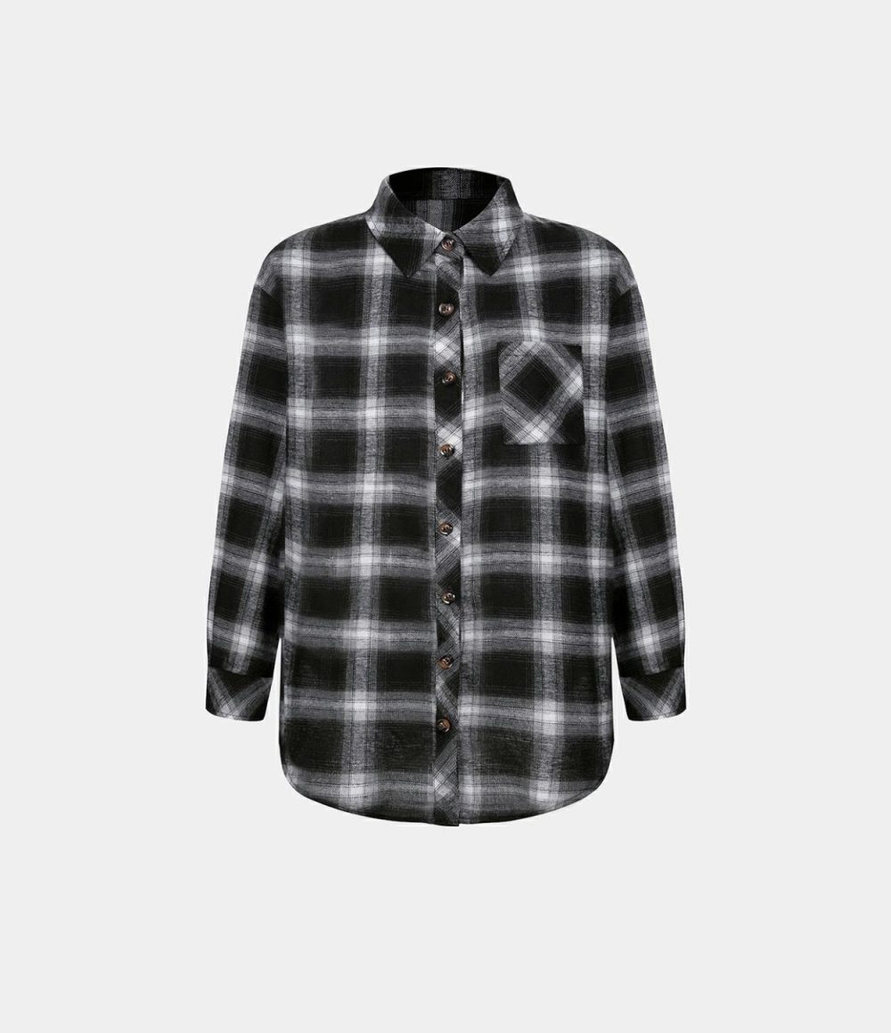 Collared Button Pocket Curved Hem Plaid Casual Cotton Jacket  | Womens  Long Sleeve Tops Clothing Black Grey Gradient Plaid