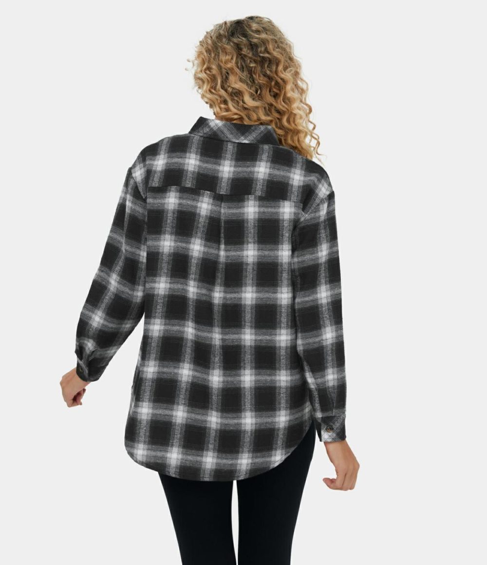 Collared Button Pocket Curved Hem Plaid Casual Cotton Jacket  | Womens  Long Sleeve Tops Clothing Black Grey Gradient Plaid