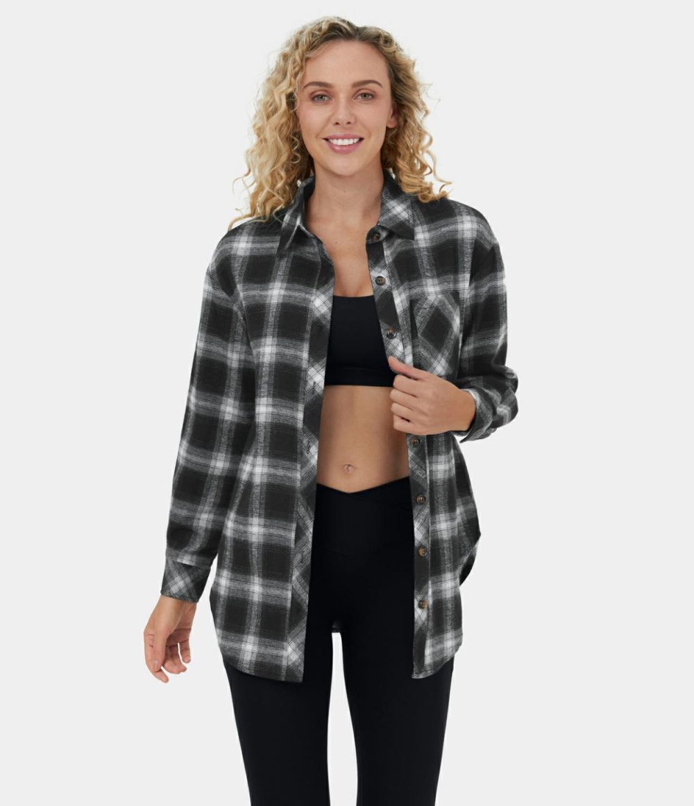 Collared Button Pocket Curved Hem Plaid Casual Cotton Jacket  | Womens  Long Sleeve Tops Clothing Black Grey Gradient Plaid