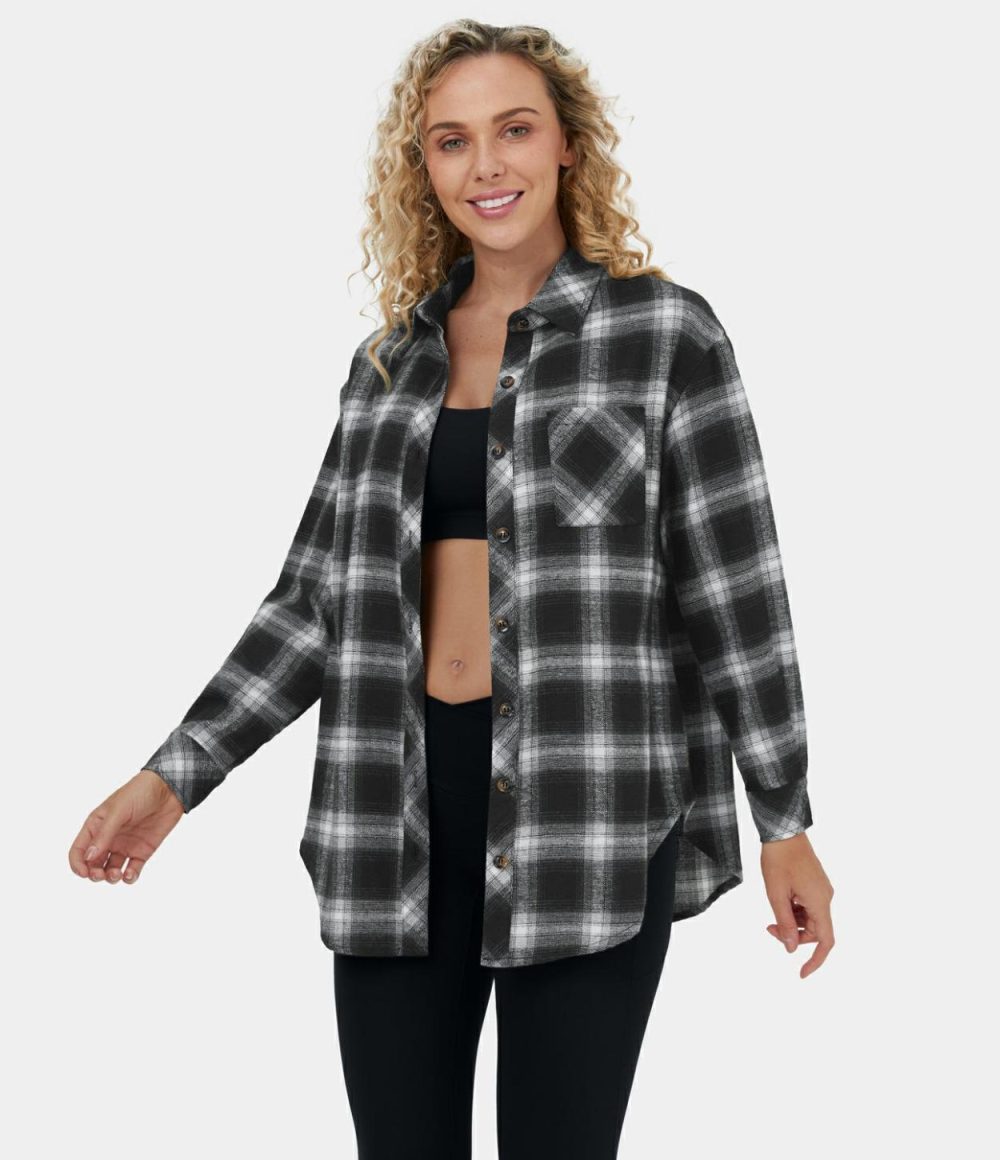 Collared Button Pocket Curved Hem Plaid Casual Cotton Jacket  | Womens  Long Sleeve Tops Clothing Black Grey Gradient Plaid