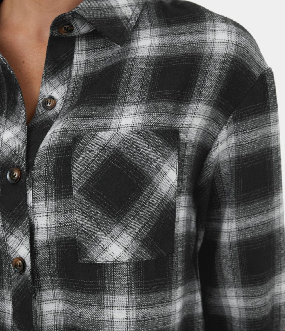 Collared Button Pocket Curved Hem Plaid Casual Cotton Jacket  | Womens  Long Sleeve Tops Clothing Black Grey Gradient Plaid