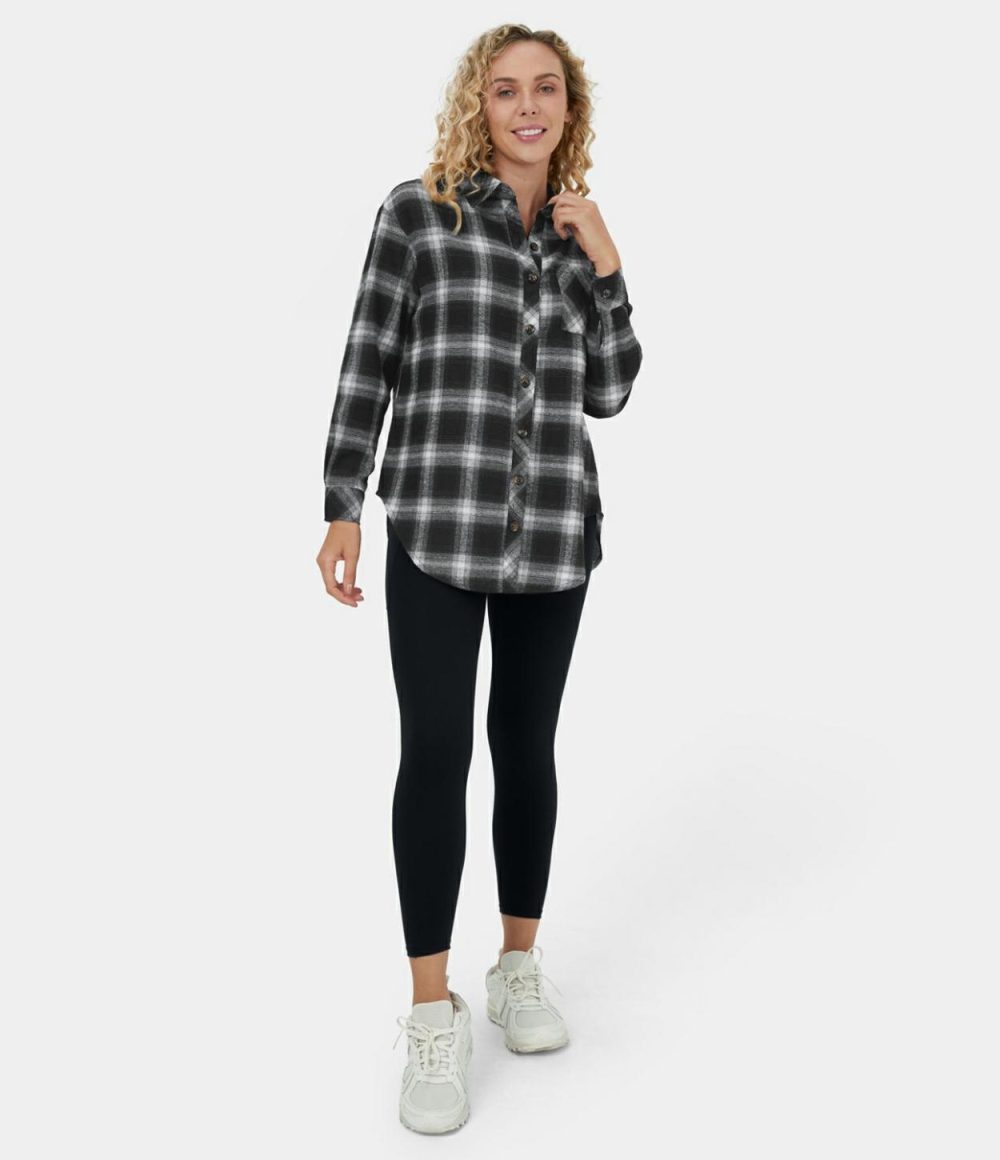 Collared Button Pocket Curved Hem Plaid Casual Cotton Jacket  | Womens  Long Sleeve Tops Clothing Black Grey Gradient Plaid