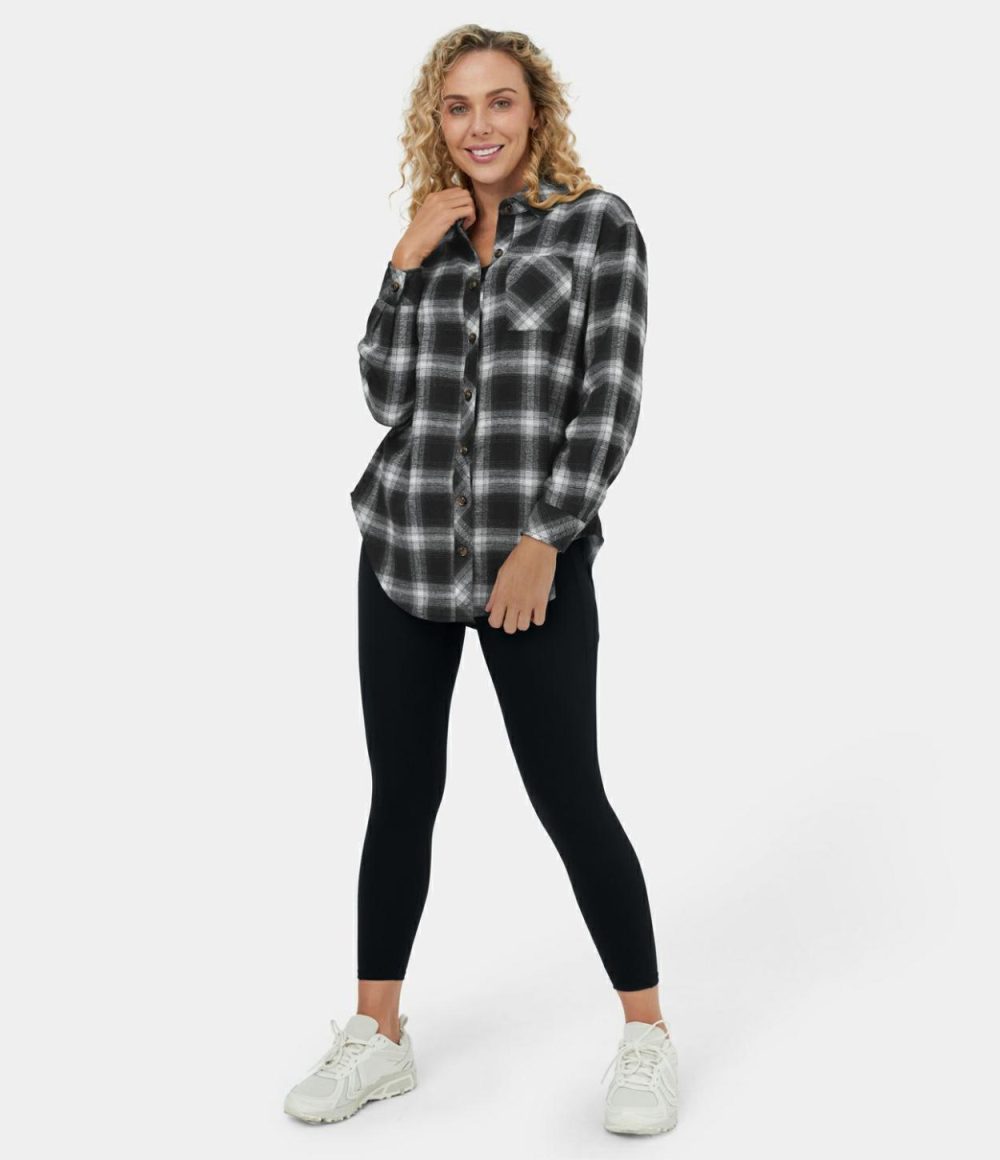 Collared Button Pocket Curved Hem Plaid Casual Cotton Jacket  | Womens  Long Sleeve Tops Clothing Black Grey Gradient Plaid