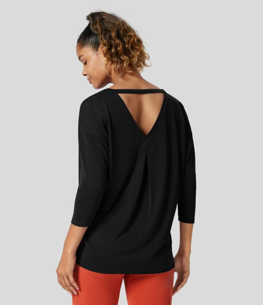 Cut Out Plicated 3/4 Sleeve Yoga Sports Top  | Womens  Sports Tops Clothing Oxblood Red/Black