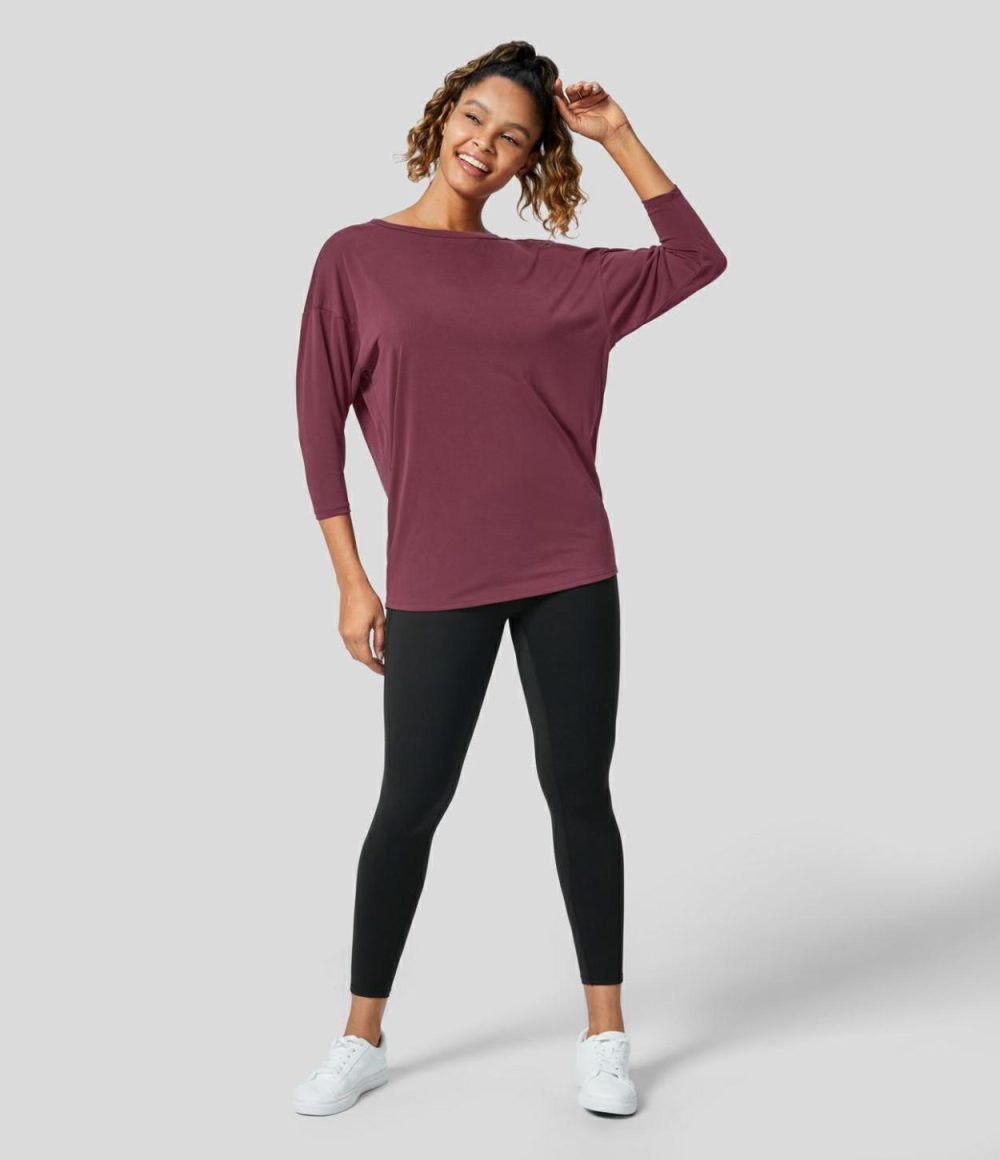 Cut Out Plicated 3/4 Sleeve Yoga Sports Top  | Womens  Sports Tops Clothing Oxblood Red/Black